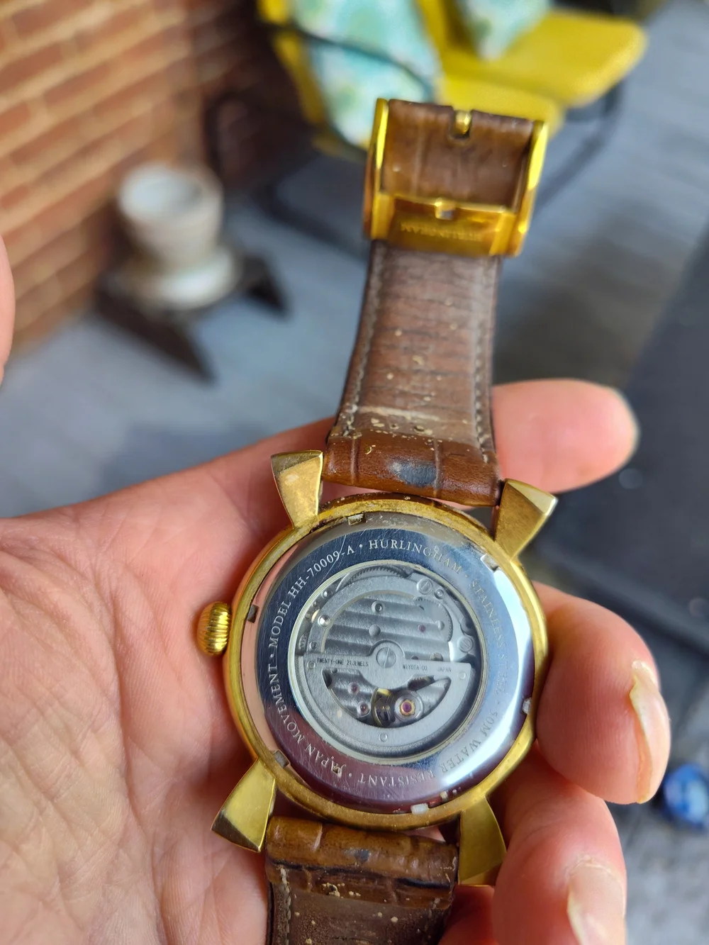 Men's Gold Tone Case With Brown Leather Strap with Open Heart Dial. 27 Jewels